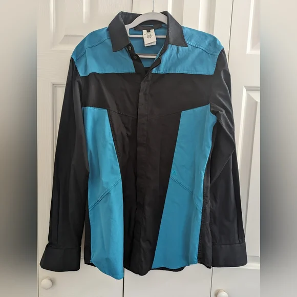Karl Lagerfeld Long Sleeve Shirt Turquoise Black Made Italy Size 48 Slim Fit. - Picture 1 of 10